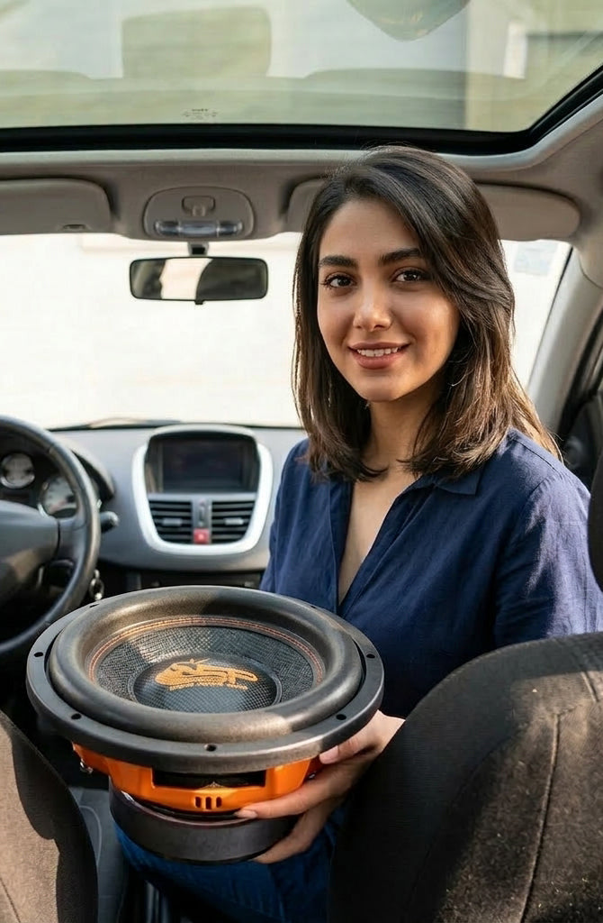 SP 12CW subwoofer in a car interior, front view of cone and suspension
