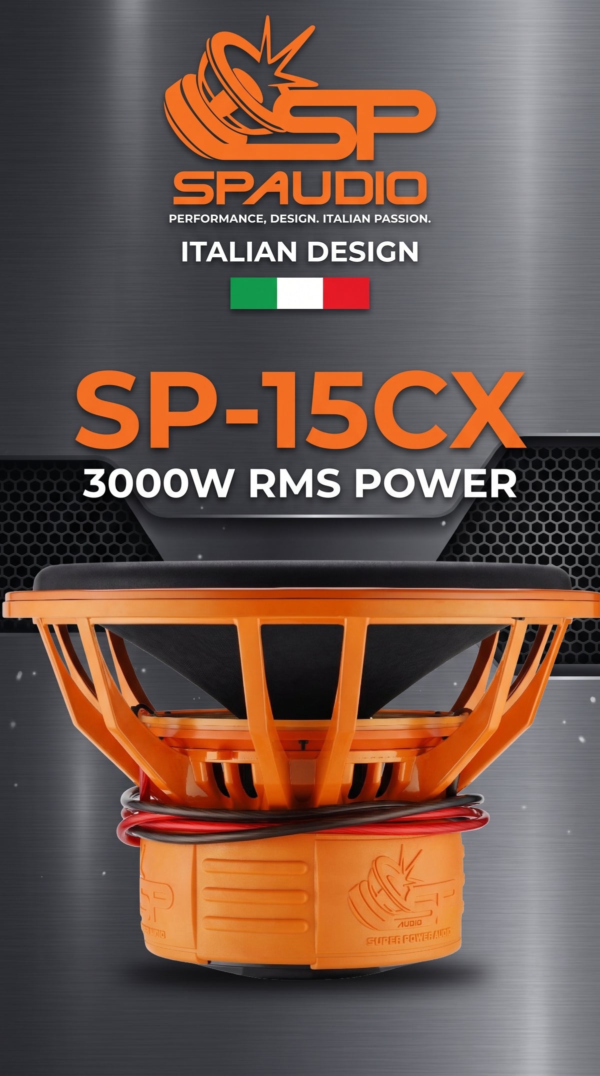 SP 15CX 15 inch subwoofer poster, 3000 W RMS, Italian design