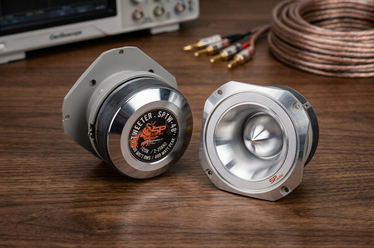 SP TW 48 bullet tweeter pair on a workbench, front and rear view with the SPTW-48 label