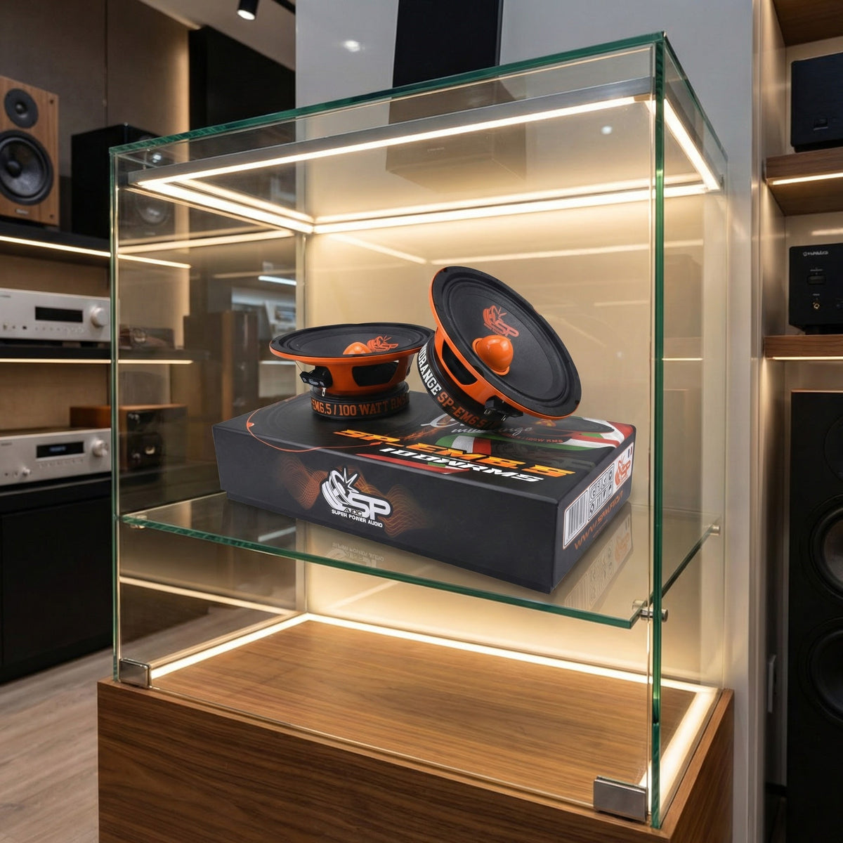 SP-EM 6.5 midrange pair and box in a glass showcase