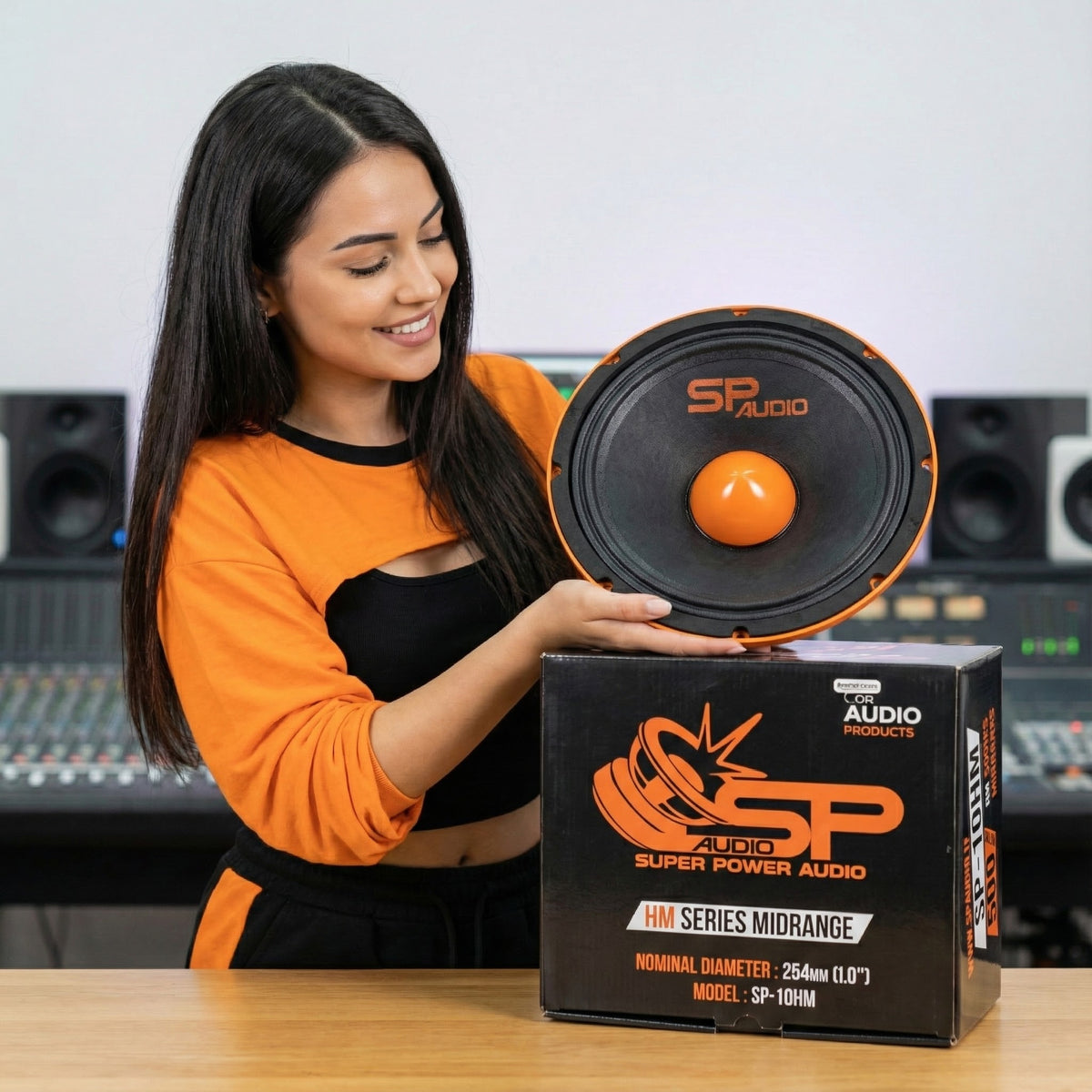 SP 10HM 10 inch HM series midrange with its SP Audio box in a recording studio