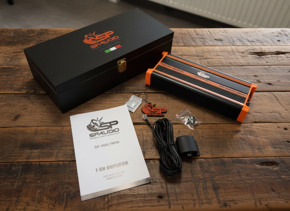 SP-1500.1 MINI with its black collector's wooden case and printed manual on a wooden table