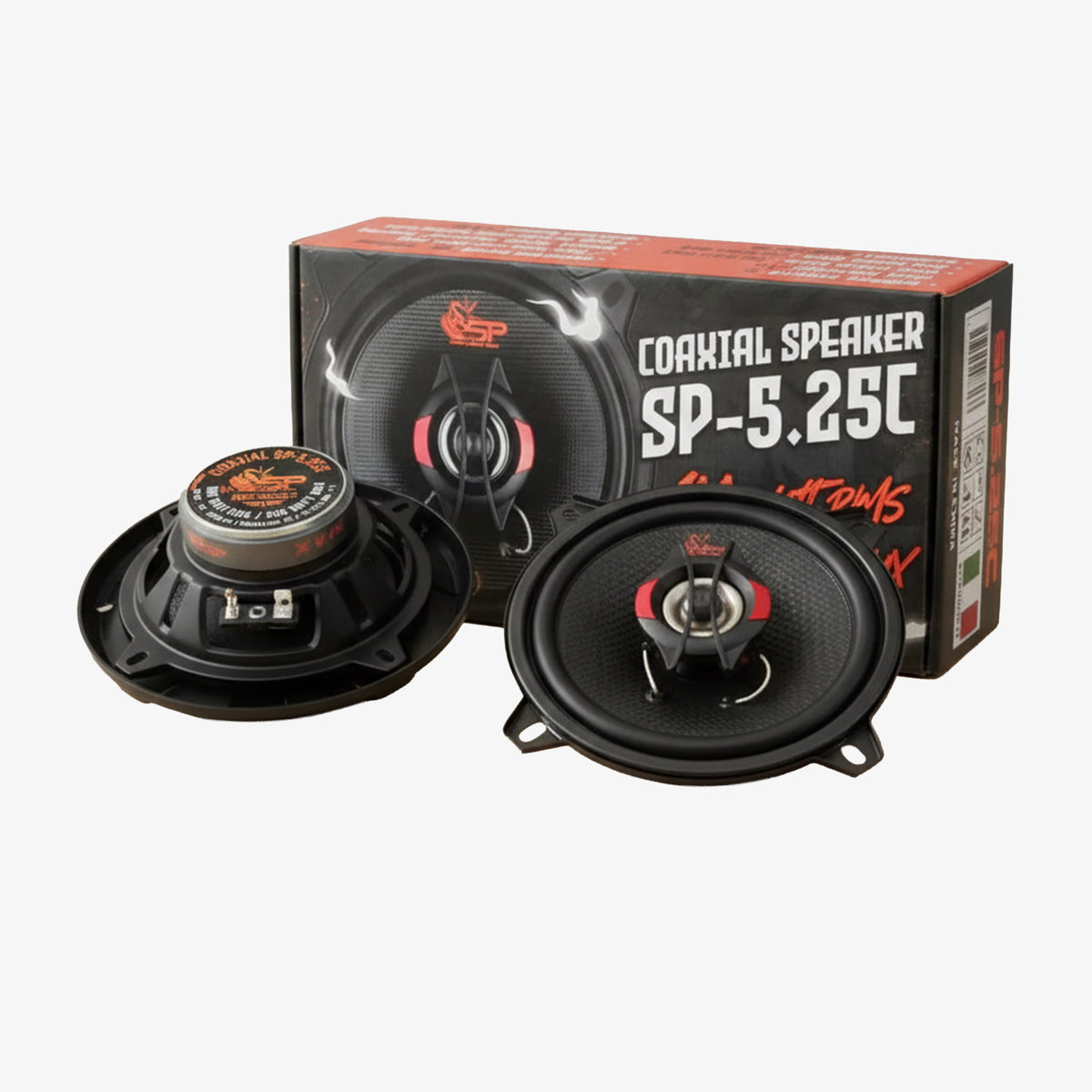 SP 5.25C coaxial speakers - pair with box, white background