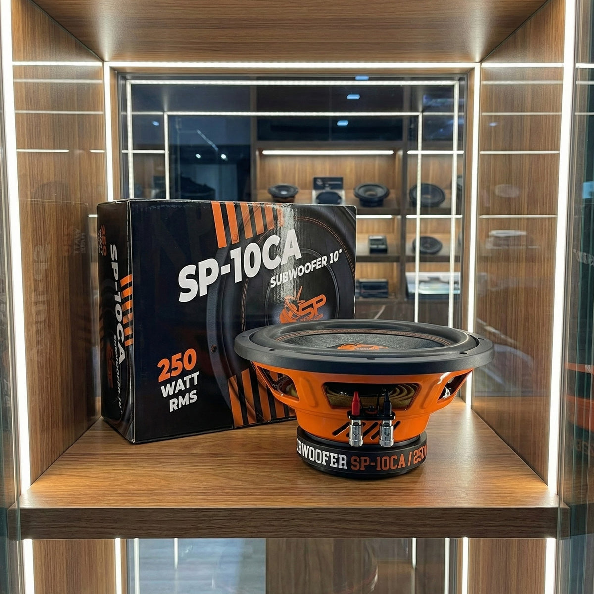 SP 10CA subwoofer and its box on a lit showroom shelf