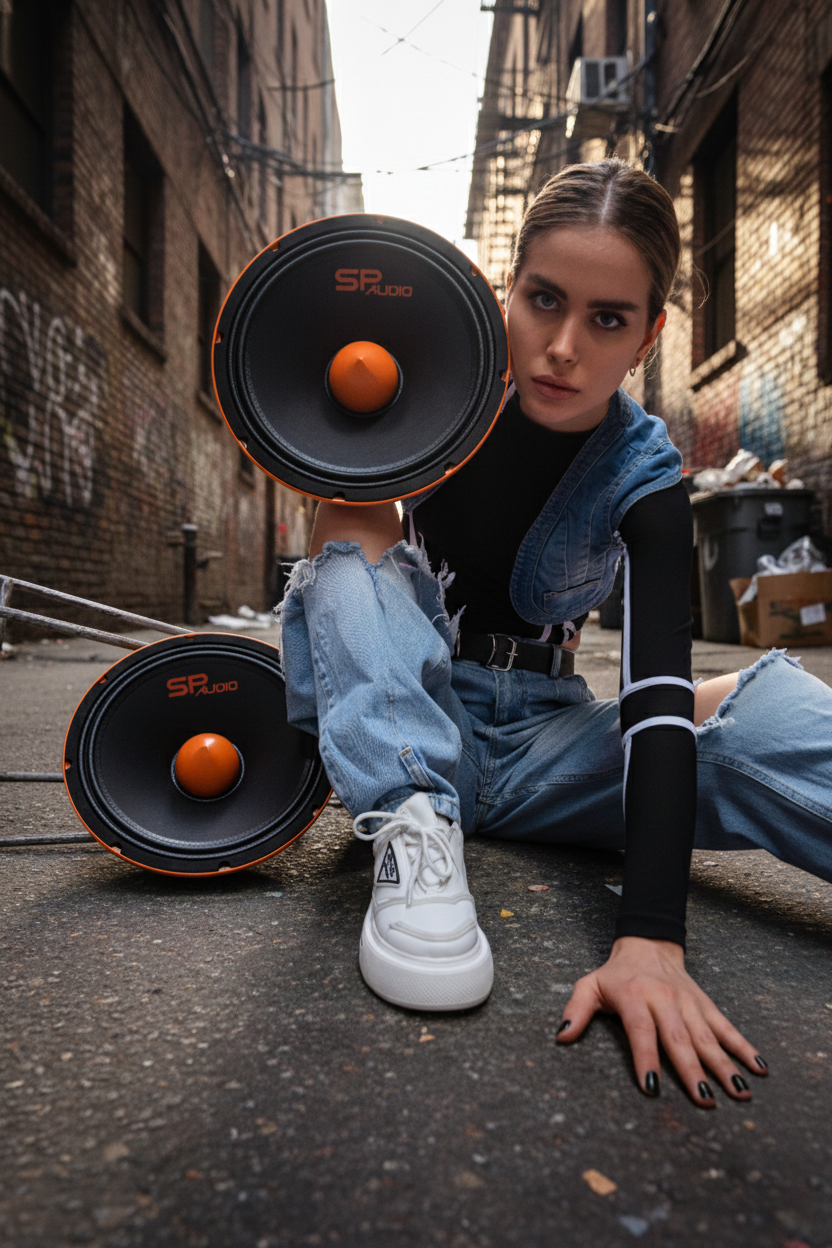 Two SP 12MM 12 inch midrange extreme speakers in an urban street setting