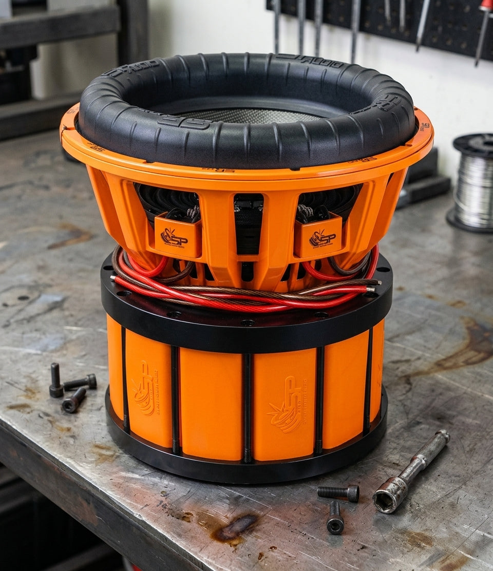 SP-15X subwoofer on a workbench showing the basket, lead wires and the ferrite motor