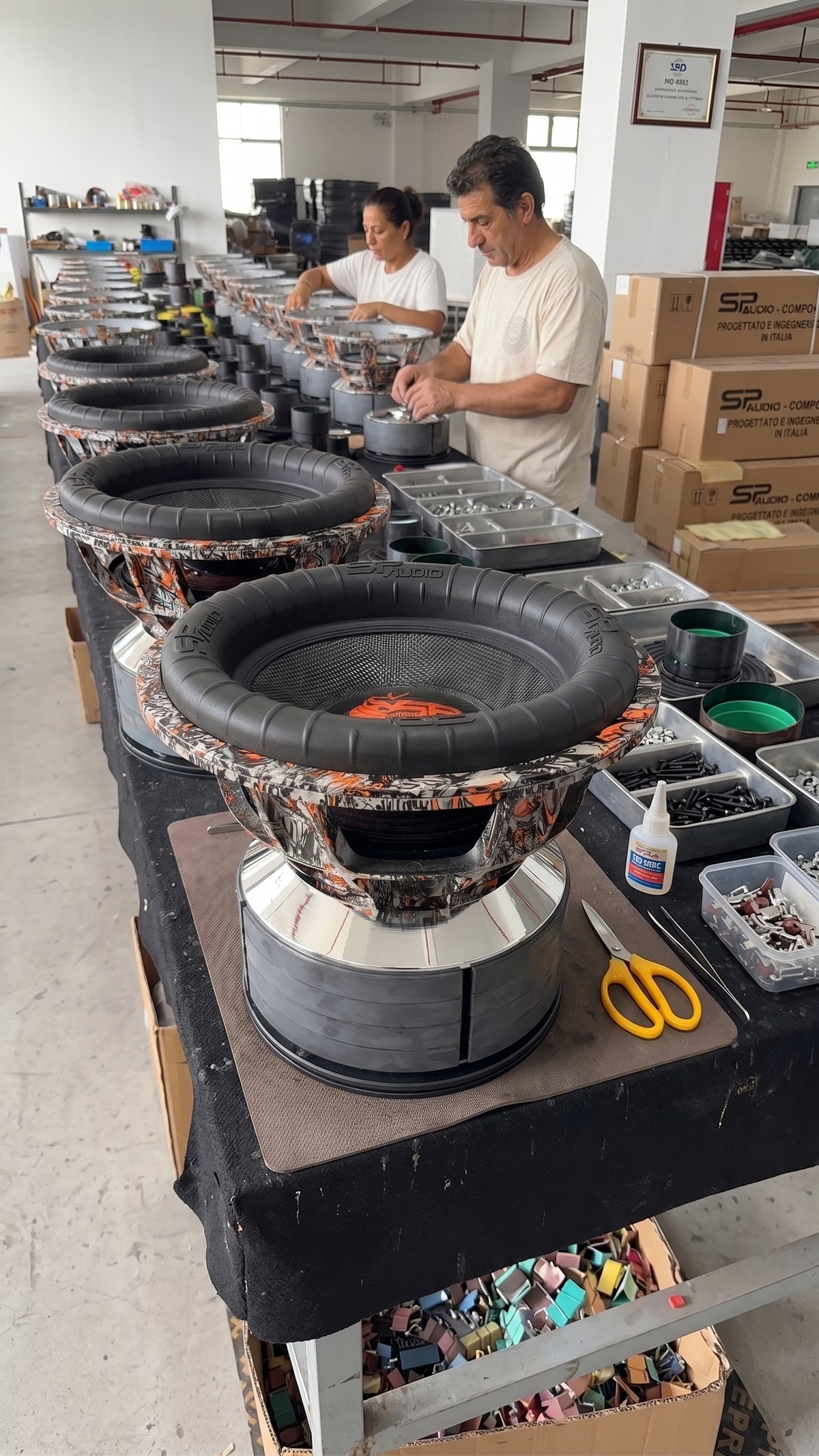 SP-15X TiTANiUM subwoofers being hand-assembled on the SP Audio production bench in Italy