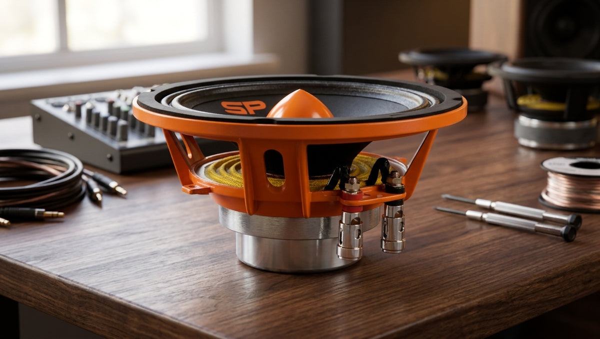 SP AUDIO SP 8MM NEO midrange with neodymium magnet on a workbench