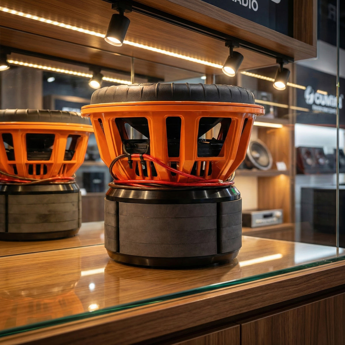 Rear view of the SP 15XXX subwoofer basket and ferrite magnet assembly on a shop counter