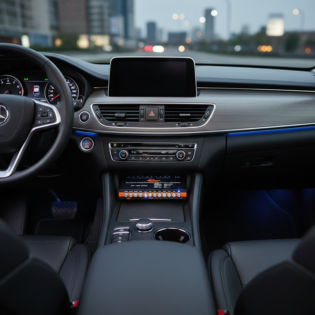 SP-765 PRO 7-band graphic equalizer installed on a car centre console – SP Audio