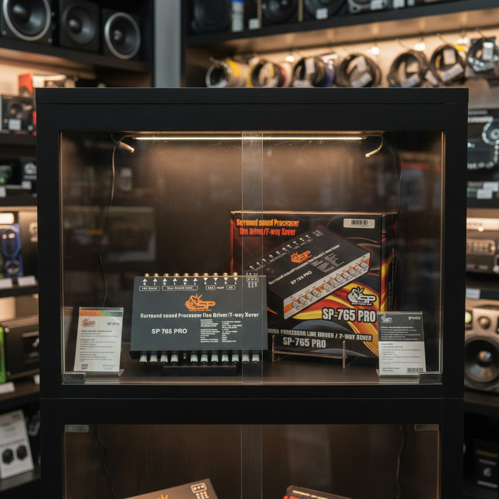 SP-765 PRO 7-band graphic equalizer in a lit display case – SP Audio