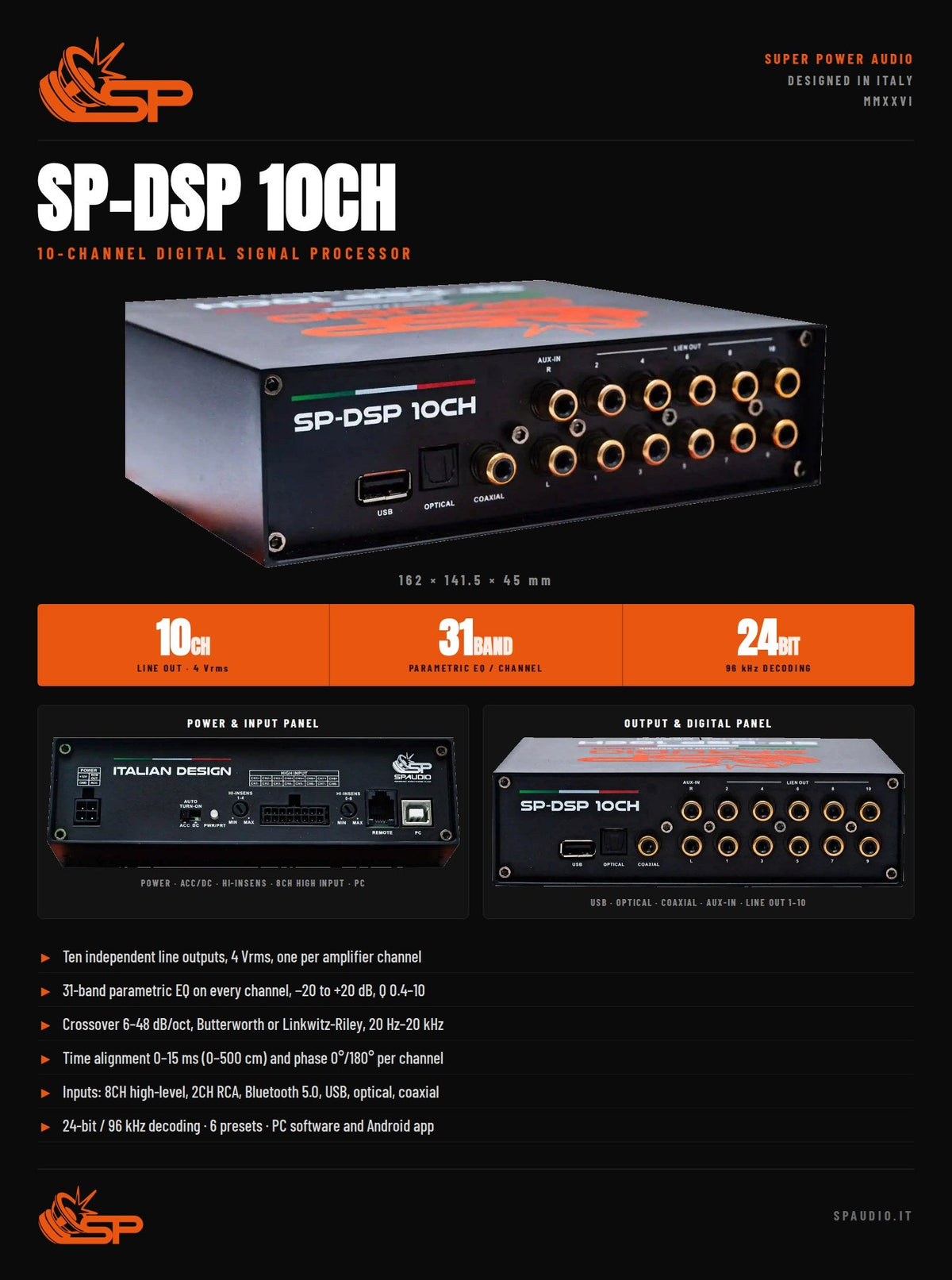 SP-DSP 10 CHANNEL (D10) technical sheet: 10 line outputs, 31-band EQ per channel, 24 bit/96 kHz