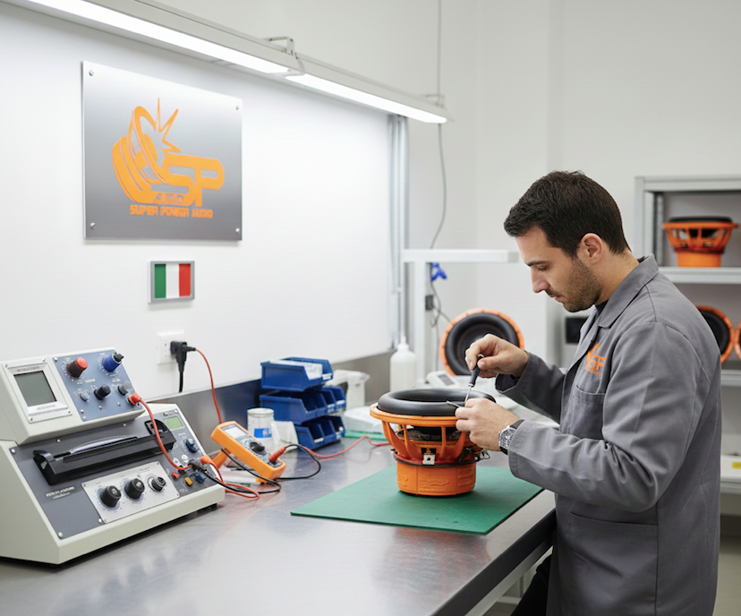 SP Audio engineer assembling a subwoofer in the Italian laboratory